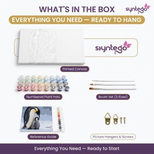 May include: A paint-by-numbers kit labeled WHAT'S IN THE BOX, containing a printed canvas, a set of numbered paint pots, three brushes, a reference guide showing two penguins, and two metal picture hangers with screws, all branded by Syntego.