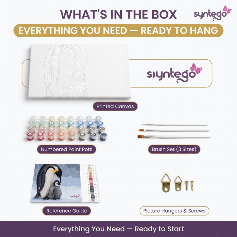 May include: A paint-by-numbers kit labeled WHAT'S IN THE BOX, containing a printed canvas, a set of numbered paint pots, three brushes, a reference guide showing two penguins, and two metal picture hangers with screws, all branded by Syntego.
