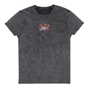 Embroidered Floral Whale Denim T-Shirt: Vintage Style Ocean Tee