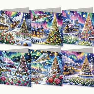 Kit de cartões comemorativos com pintura diamante para árvore festiva da aurora boreal faça você mesmo com 6 peças
