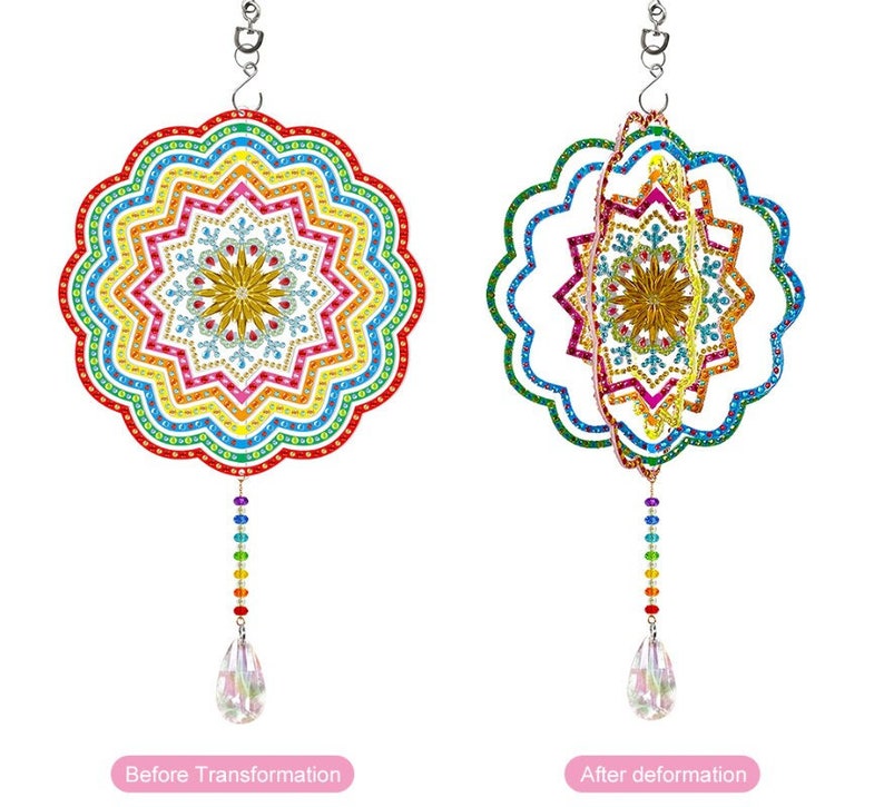 May include: A colorful, multi-layered mandala wind chime with a crystal drop. The mandala is made of iridescent beads and features a snowflake design. The wind chime is shown in two states: before and after transformation.