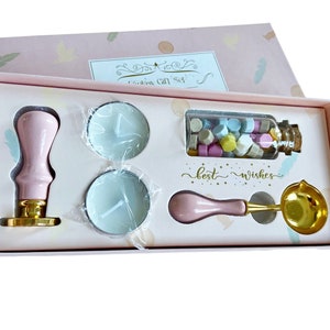 Kit de selo de cera rosa claro inclui presente em forma de coração/cabeça de selo de presente apresentada em uma caixa de presente