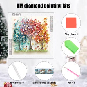 May include: DIY diamond painting kit featuring a colorful tree design. The kit includes an HD canvas (30x30cm), multi-colored beads, clay glue, a tray, and a pen. The image shows a completed artwork with trees in shades of blue, pink, and orange.