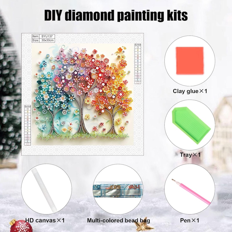 May include: DIY diamond painting kit featuring a colorful tree design. The kit includes an HD canvas (30x30cm), multi-colored beads, clay glue, a tray, and a pen. The image shows a completed artwork with trees in shades of blue, pink, and orange.