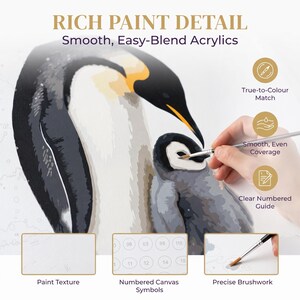 May include: A paint-by-numbers kit featuring an adult and baby penguin. The image includes text: RICH PAINT DETAIL, Smooth, Easy-Blend Acrylics, True-to-Colour Match, Smooth, Even Coverage, Clear Numbered Guide, Paint Texture, Numbered Canvas Symbols, and Precise Brushwork.