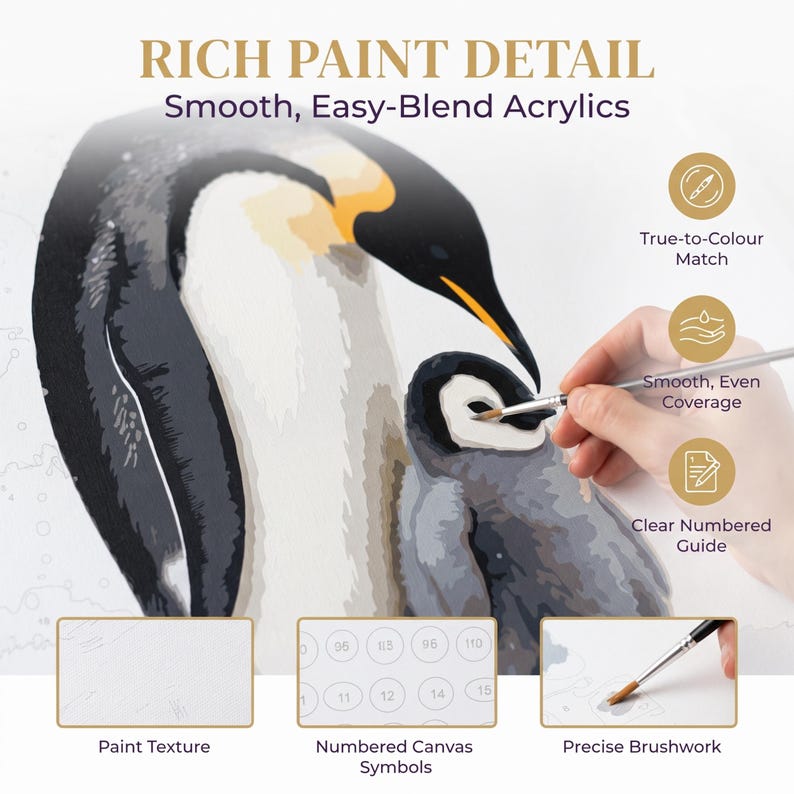 May include: A paint-by-numbers kit featuring an adult and baby penguin. The image includes text: RICH PAINT DETAIL, Smooth, Easy-Blend Acrylics, True-to-Colour Match, Smooth, Even Coverage, Clear Numbered Guide, Paint Texture, Numbered Canvas Symbols, and Precise Brushwork.