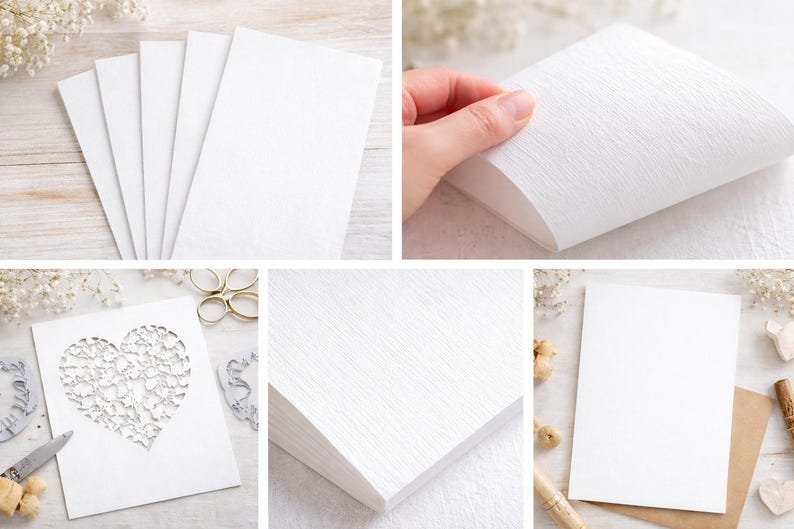 Op de afbeelding: Een verzameling witte rechthoekige kaarten met een duidelijk gestructureerd oppervlak. De set bevat effen kaarten en een kaart met een lasergesneden hartontwerp. Het papier heeft een zichtbare korrel en de kaarten worden in diverse hoeken getoond.