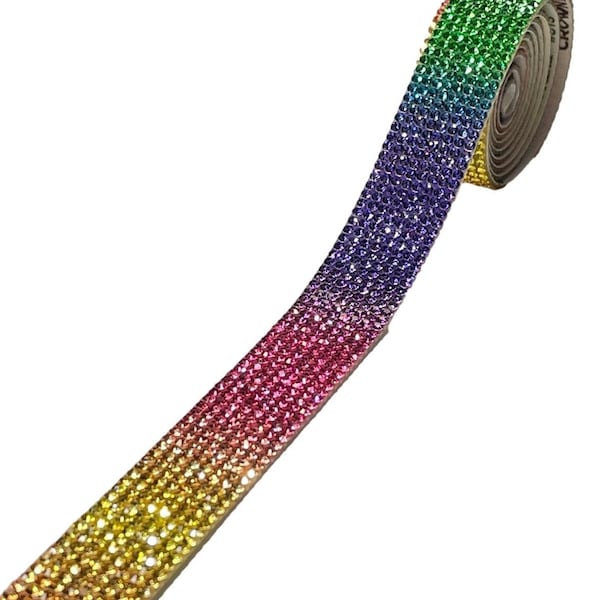 Rouleau auto-adhésif arc-en-ciel de strass 91,44 cm (1 yard) 8 rangs de strass en cristal super scintillants