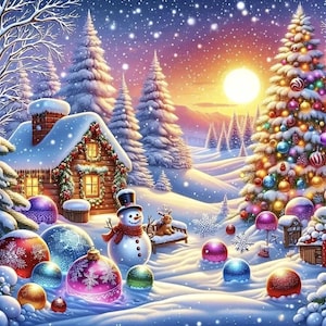 May include: A winter scene with a snow-covered cabin, evergreen trees, and a decorated Christmas tree. A snowman with a top hat and scarf stands near colorful ornaments. Snowflakes fall against a sunset backdrop.