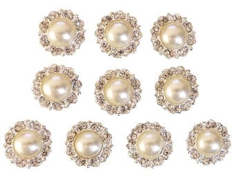 10 Antique Ivory Pearl and Diamante Round Embellishments Grade A Rhinestones