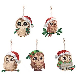 Kit com 5 chaveiros de arte com pintura de diamante de coruja de Natal sortida 5D faça você mesmo para adultos, pingente de artesanato com strass de dupla face