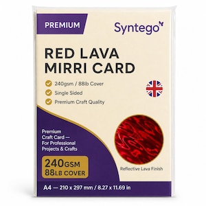 May include: A package of Syntego Red Lava Mirri Card, a single-sided craft card with a reflective red lava finish. The packaging displays the text 240gsm / 88lb Cover, Premium Craft Quality, and A4 - 210 x 297 mm / 8.27 x 11.69 in.