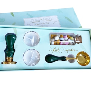 Kit de carimbo de cera verde escuro inclui presente em forma de coração/cabeça de carimbo de presente apresentada em uma caixa de presente