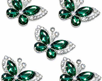 5 piezas de adornos de diamantes de imitación verdes, 5 piezas de mariposas de cristal con parte posterior plana / gemas de diamantes de imitación autoadhesivas para la creación de tarjetas y manualidades.