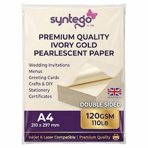 May include: A pack of Syntego premium quality ivory gold pearlescent paper in A4 size, measuring 210 x 297 mm. The packaging displays the text 120GSM 110LB, indicating it is double-sided, inkjet and laser compatible, and made in the UK.