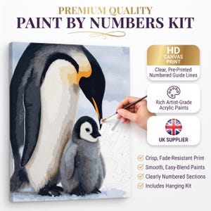 May include: A paint by numbers kit featuring an adult penguin and a chick on a canvas with numbered guide lines. The kit includes artist-grade acrylic paints, a brush, and a hanging kit, with text stating Premium Quality Paint By Numbers Kit.