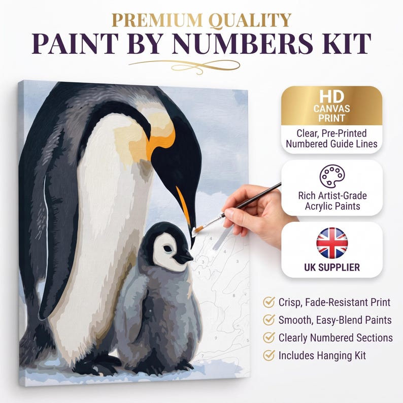 May include: A paint by numbers kit featuring an adult penguin and a chick on a canvas with numbered guide lines. The kit includes artist-grade acrylic paints, a brush, and a hanging kit, with text stating Premium Quality Paint By Numbers Kit.