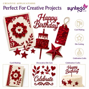 May include: A collection of red metallic die-cut shapes including a Happy Birthday script, a two-tier cake, a star, a gift tag with twine, and floral elements. The set includes decorative pieces for card making and celebration crafts.