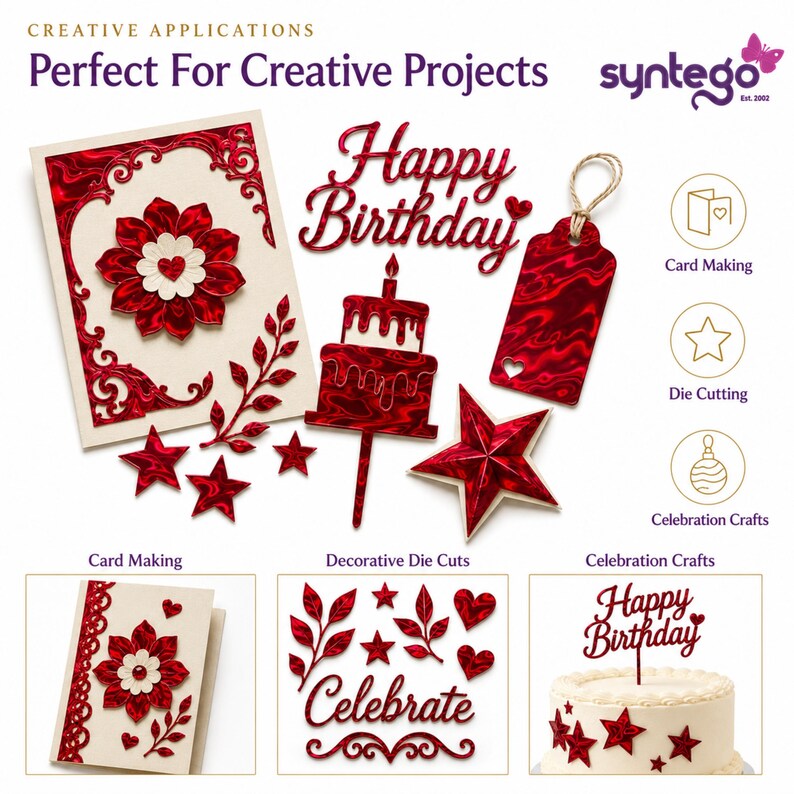 May include: A collection of red metallic die-cut shapes including a Happy Birthday script, a two-tier cake, a star, a gift tag with twine, and floral elements. The set includes decorative pieces for card making and celebration crafts.