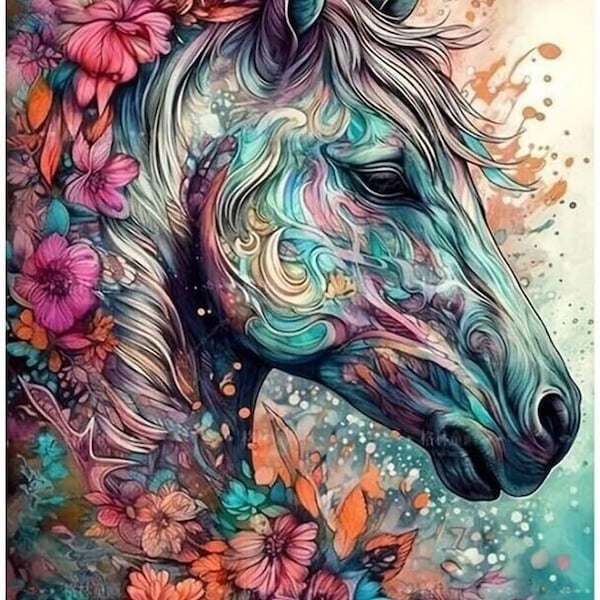 5D DIY Diamond Art Painting 40 x 30cm, Round Rhinestoneby Numbers for Arts and Crafts & Wall Decor (Multi Colour Horse)