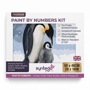 May include: A premium paint by numbers kit featuring an illustration of two penguins on a 20 x 16 inch canvas. The box includes a pre-printed numbered canvas, acrylic paints, brushes, a guide, and a hanging kit, with the brand name Syntego.