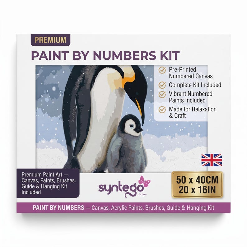 May include: A premium paint by numbers kit featuring an illustration of two penguins on a 20 x 16 inch canvas. The box includes a pre-printed numbered canvas, acrylic paints, brushes, a guide, and a hanging kit, with the brand name Syntego.