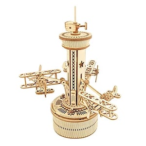 DIY Wooden Airplane Control Tower Music Box Kit 3D Puzzle Mechanical Model With Moving Parts Aviation
