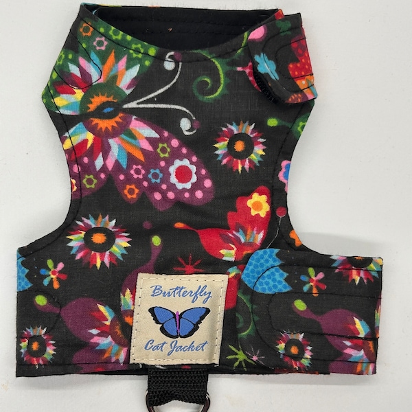 Escape proof "Butterfly Cat Jacket” Colourful Butterflies on black (all over print may vary) walking harness, jacket, holster, vest