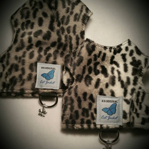 Escape proof when sized and fitted correctly, Faux Fur Snow Leopard "Butterfly Cat Jackets" walking harness, jacket, holster, vest