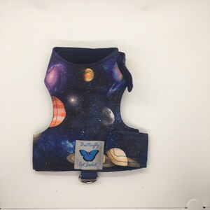 Escape proof "Butterfly Cat Jacket” Space Planets Orbit on navy walking harness, jacket, holster, vest