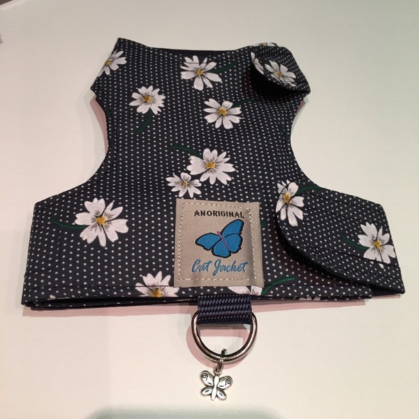 Escape proof when sized and fitted correctly Navy Daisy    "Butterfly Cat Jackets" walking harness, jacket, holster, vest