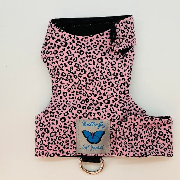 Escape proof when sized and fitted correctly, baby pink leopard "Butterfly Cat Jackets" walking harness, jacket, holster, vest