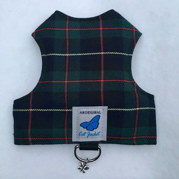 Escape proof when sized and fitted correctly, Dark Green Gold Stripe Tartan/Plaid "Butterfly Cat Jackets" walking harness, jacket, holster,