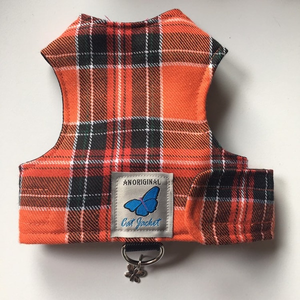 Escape proof when sized and fitted correctly, Bright Orange Tarten/Plaid  "Butterfly Cat Jackets" walking harness, jacket, holster, vest