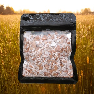 May include: A black resealable bag filled with crushed eggshells. The bag is sitting on a field of tall grass.