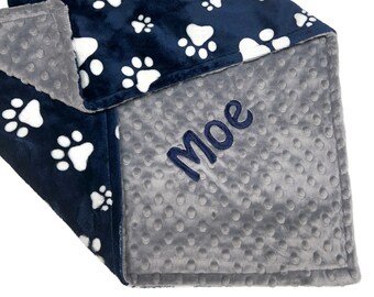 Personalized Navy Blue Paw Print Minky Pet Blanket