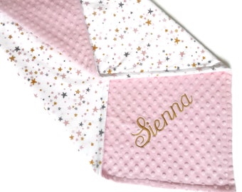 Personalized Minky Baby Blanket or Lovey, Star Print Minky Baby Blanket, Embroidered Baby Star Blanket, Gold and Pink Star Blanket