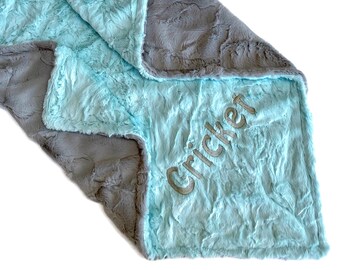 Personalized Minky Baby Blanket or Lovey - Silver Hide Cuddle - Baby Girl or Boy - Custom Made - Double Minky- Gray and Saltwater