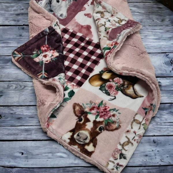 Personalized Cowgirl Minky Blanket or Lovey, Cowgirl Minky, Floral Cowgirl Blanket, Cowgirl Toddler Blanket, Baby horse and cow Blanket