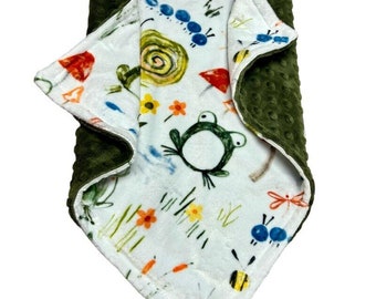 Custom Woodland Minky Baby Blanket or Lovey - Personalized Frog, Toad and Mushroom Design with Monogram Option