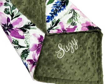 Personalized Minky Baby Blanket, Purple Floral Wisteria Print