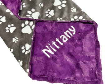 Personalized Gray Paw Print Minky Pet Blanket