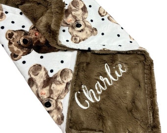 Personalized Minky Teddy Bear Print Blanket or Lovey: Custom Newborn Nursery Gift