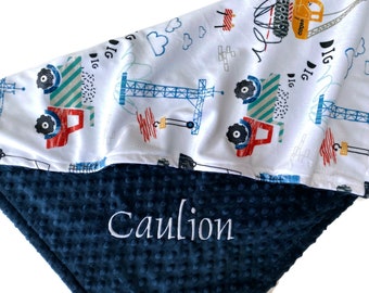 Personalized Construction Minky Baby Blanket: Dump Truck, Crane Design