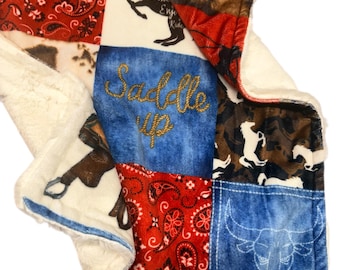 Personalized Western Cowboy Minky Baby Blanket - Custom Name Horse & Steer Print Nursery Blanket - Saddle Up Baby Shower Gift for Boys