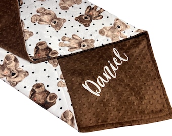 Personalized Minky Teddy Bear Print Blanket or Lovey: Custom Newborn Nursery Gift