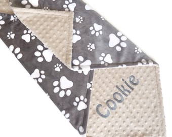 Personalized Gray Paw Print Minky Pet Blanket