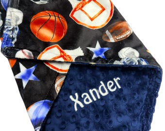 Personalized Sports Baby Blanket with Name, Custom Minky Sports Nursery Bedding, Baseball Basketball Football Soccer Baby Gift, Newborn Gift