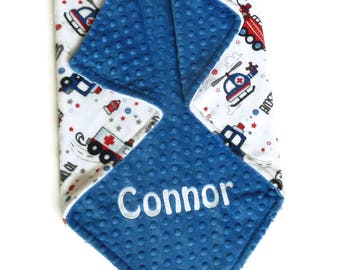 Personalized Rescue Vehicle Minky Baby Blanket or Lovey: Fire Truck, Ambulance, Helicopter, Police Design