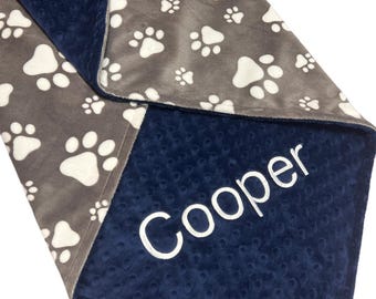 Personalized Gray Paw Print Minky Dog Blanket: Custom Embroidery